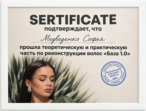 Сертификат Медведенко Софьи: реконструкция волос, курс «База 1.0»